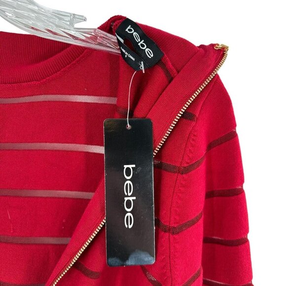 NEW Bebe Goji Berry Red Sheer Stripe Sweater Dress Sheath Bodycon Size Small - Picture 9 of 10